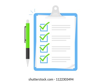 Clipboard and check marks and pen. Flat style design vector illustration