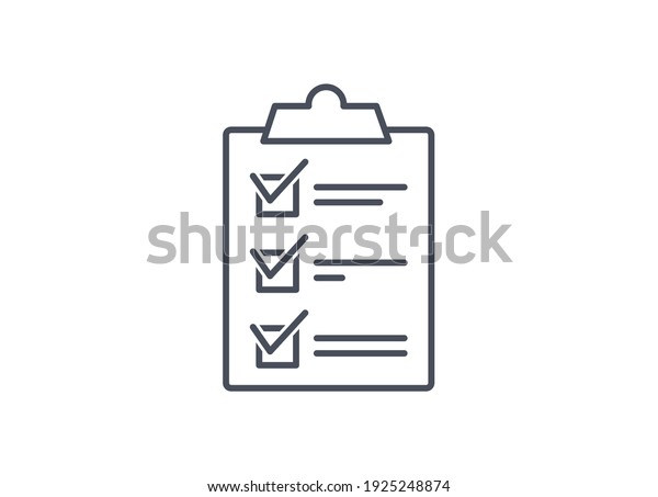 Clipboard with check marks\
or ticks in boxes on a list, report or questionnaire, line drawn\
black and white simple vector icon isolated on white\
background