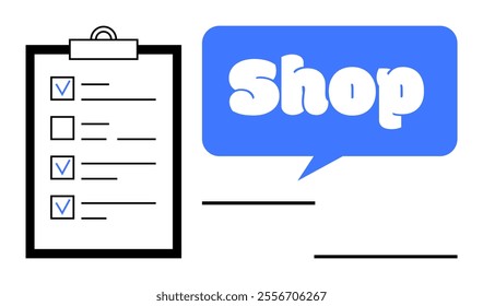 A clipboard with checkboxes and a blue speech bubble containing the word Shop Ideal for themes including shopping, to-do lists, retail management, task organization, and productivity tools. Simple