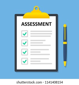 Clipboard checklist with assessment. Paperwork, sheets in folder flat design - stock vector.