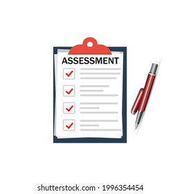 Clipboard checklist with assessment. Paperwork, sheets in folder flat design - stock vector.	