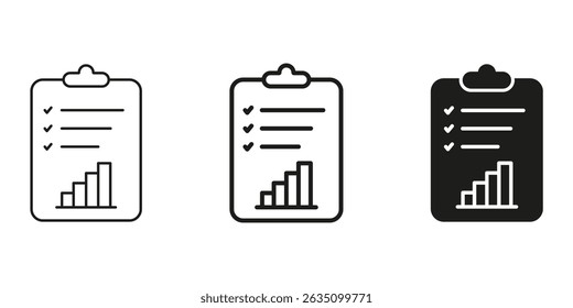 Clipboard With Checklist And Bar Graph Line And Solid Icon Set. Task Management, Progress Tracking, Performance Analysis Symbols. Business And Productivity Tools. Isolated Vector Illustration.