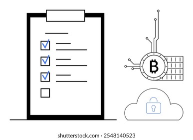 A clipboard with checklist and checkboxes, a Bitcoin symbol with circuit lines, and a cloud storage icon with a lock. Ideal for technology, security, blockchain, cryptocurrency, and data management