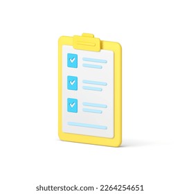 Clipboard with checklist checkmark complete task summary to do list 3d icon realistic vector illustration. Yellow notepad paper document vote survey article poll filling check mark choice finishing