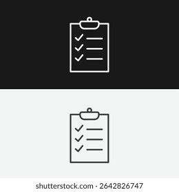Clipboard with Checklist and Checkmarks on Black and White Backgrounds, Representing Task Completion or To-Do Lists, White Outline Icon
