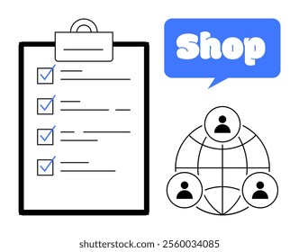 Clipboard with checklist and checkmarks, speech bubble with word Shop, and network of connected people. Ideal for business, e-commerce, project management, shopping, team collaboration. Simple modern