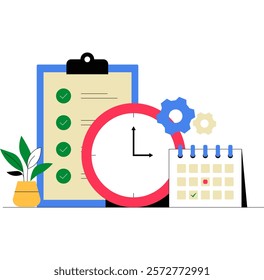 Clipboard With Checklist And Clock In Flat Vector Illustration Symbolizing Tasks And Deadlines, Time Management, And Productivity, Isolated On White Background