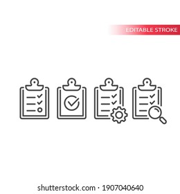 Clipboard with checklist, cog and check mark. Line vector icon set, editable stroke.