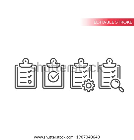 Clipboard with checklist, cog and check mark. Line vector icon set, editable stroke.