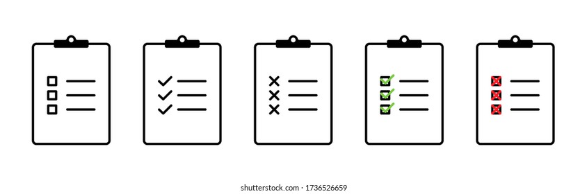 Clipboard with checklist collection. Check mark with cross on check list. Clipboard in web design. Clipboard vector icons. Checklist with check marks and crosses. Eps10