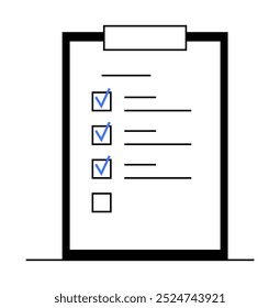 A clipboard with a checklist containing some items checked off. Ideal for productivity, organization, task management, to-do lists, project planning. Simple minimal style
