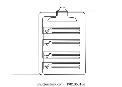 Clipboard With Checklist. Continuous Line One Drawing. Vector Illustration