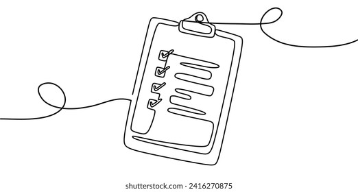 Clipboard with checklist. Continuous line one drawing. Vector illustration. Simple line illustration.