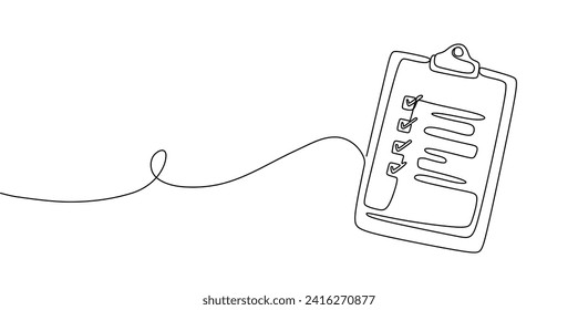 Clipboard with checklist. Continuous line one drawing. Vector illustration. Simple line illustration.