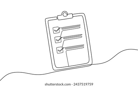 Clipboard with checklist. Continuous line one drawing. Vector illustration. Simple line illustration.