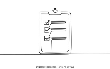 Clipboard with checklist. Continuous line one drawing. Vector illustration. Simple line illustration.