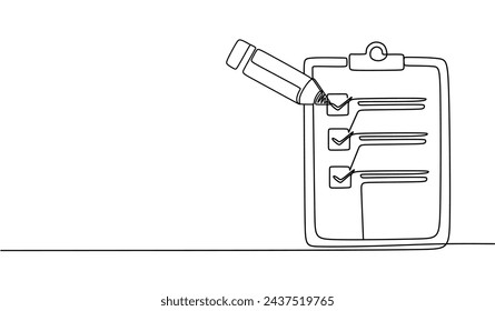 Clipboard with checklist. Continuous line one drawing. Vector illustration. Simple line illustration.