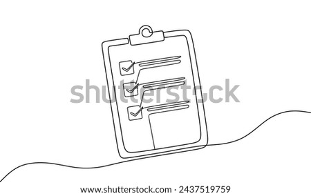 Clipboard with checklist. Continuous line one drawing. Vector illustration. Simple line illustration.