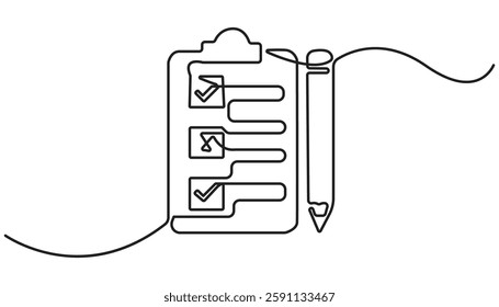 clipboard with checklist continuous one line drawing, Continuous Line Drawing of Checklist Icon.