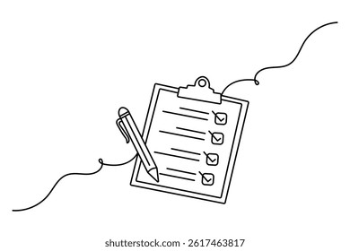 Clipboard with checklist continuous one line art drawing of isolated outline vector illustration