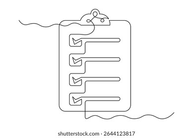Zwischenablage mit Checkliste Kontinuierliches Einzellinien-Zeichnungssymbol für Produktivität und Präzision. Vektor