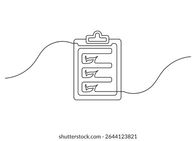Portapapeles con lista de verificación Dibujo continuo de una sola línea de arte Símbolo de productividad y precisión. Vector