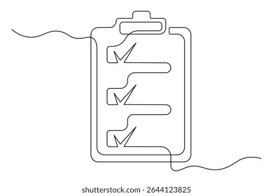 Área de transferência com checklist Símbolo de desenho contínuo de arte em linha única de produtividade e precisão. vetor