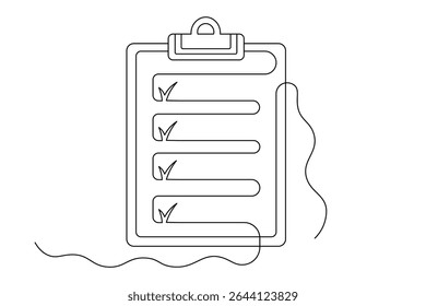 Clipboard with checklist Continuous single Line art Drawing Symbol of Productivity and Precision. vector