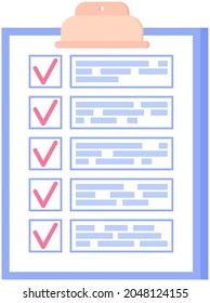 Clipboard with checklist, daily plan with red tick marks. Checklist, to do list, questionnaire concept. Check sheet, scheduling timetable, planning schedule, time management, task completed