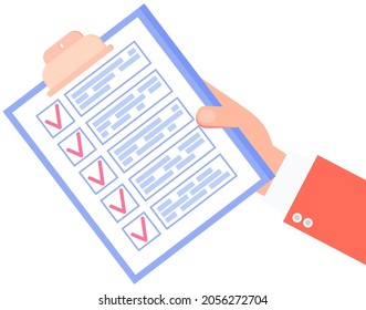 Zwischenablage mit Checkliste, täglicher Plan mit roten Zeckenmarken in der Hand. Um Liste zu machen, Fragebogen Formular Konzept. Prüfblatt, Zeitplan, Planung, Zeitmanagement, Aufgabe abgeschlossen