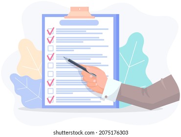 Clipboard with checklist, daily plan with tick marks. Human hand points to checklist, to do list. Check sheet, scheduling timetable, planning schedule, time management, task completed concept