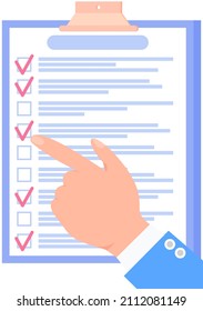 Clipboard with checklist, daily plan with tick marks. Human hand points to checklist, to do list. Check sheet, scheduling timetable, planning schedule, time management, task completed concept