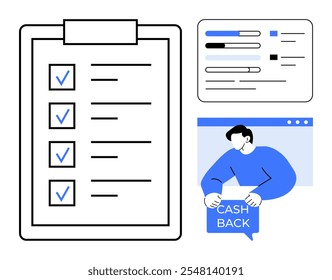 Uma área de transferência com uma lista de verificação, um painel com barras analíticas e uma pessoa segurando um sinal de reembolso. Ideal para gerenciamento de tarefas, análise de dados, recompensas financeiras, produtividade e benefícios financeiros