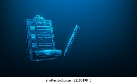 clipboard with checklist digital on blue dark background. Positive business marked. paper healthcare and medical check. work planning management.  exam note technology. vector illustration digital.