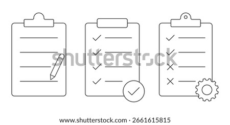 Clipboard checklist or document. Checkmark, document, checkbox on paper and more. Clipboard concept. Collection of thin line icons with clipboard eps 10