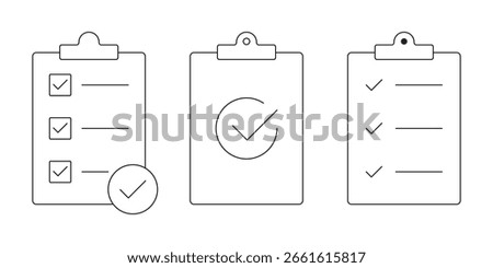 Clipboard checklist or document. Checkmark, document, checkbox on paper and more. Clipboard concept. Collection of thin line icons with clipboard eps 10