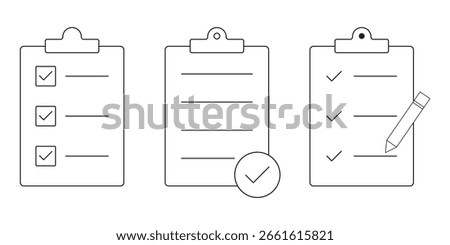 Clipboard checklist or document. Checkmark, document, checkbox on paper and more. Clipboard concept. Collection of thin line icons with clipboard eps 10