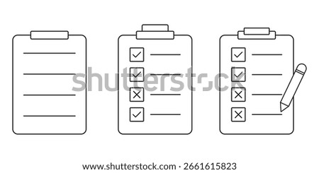 Clipboard checklist or document. Checkmark, document, checkbox on paper and more. Clipboard concept. Collection of thin line icons with clipboard eps 10