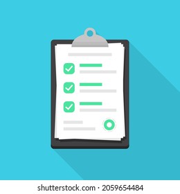 Clipboard with checklist document in a flat design. Checkmark document icon with long shadow