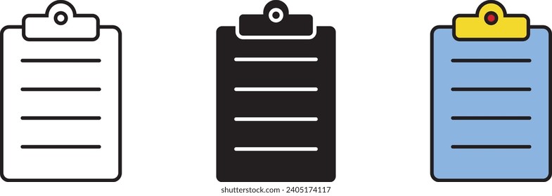 Portapapeles, Lista de verificación, Colección de iconos de documento alineada, aislada y de color. Ilustración del vector