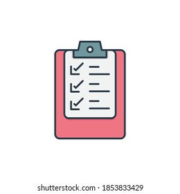Clipboard checklist or document icon, color, line, outline vector sign, linear style pictogram isolated on white. Symbol, logo illustration. Editable stroke. Pixel perfect