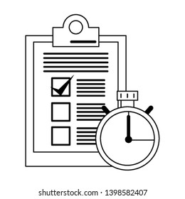 Clipboard checklist document and timer symbol in black and white