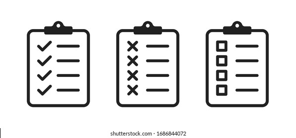 Clipboard checklist or document. Vector isolated icons or signs. Clipboard with checkmark cross and text. Clipboard concept vector. Checklist document. Clipboard icon vector. EPS 10