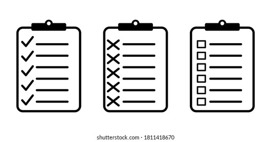 Clipboard with checklist document. Vector isolated icons or signs.