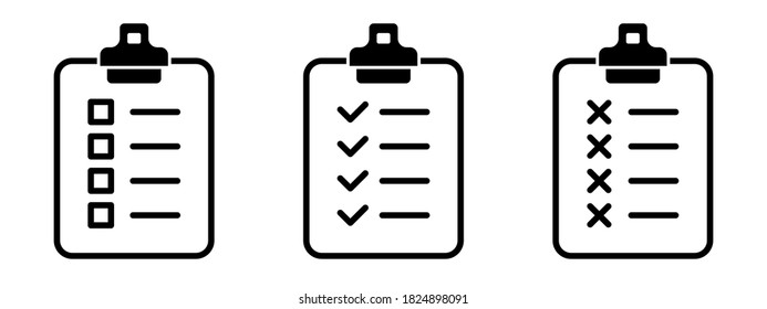Clipboard checklist or document. Vector isolated icons or signs. Clipboard with checkmark cross and text. Clipboard concept vector. Checklist document. Clipboard icon vector.