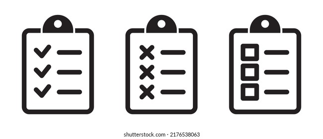 Clipboard checklist or document. Vector isolated icons or signs. Clipboard with checkmark cross and text. Clipboard concept vector. Checklist document. Clipboard icon vector.