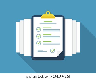Clipboard with checklist and documents in a flat design with long shadow