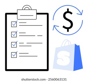 A clipboard with a checklist, a dollar sign with arrows indicating a cycle, and a shopping bag with the letter S. Ideal for financial planning, budgeting, shopping management, task organization