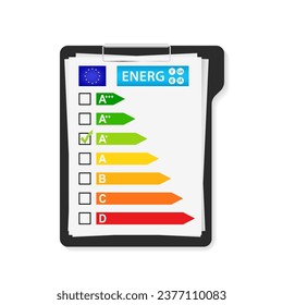 Clipboard with a checklist for energy classification. Colorful efficiency energy rating. Concept of Energy Efficiency of housing. Color scale classification. European Union energy. Vector illustration