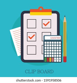 Clipboard with checklist. Exam or test form with check boxes with calculator and pencil